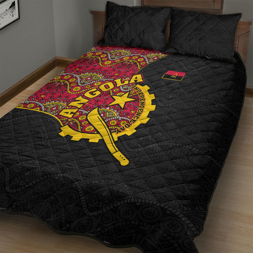 Angola Independence Day Quilt Bed Set Black Red Flag Coat Of Arms Tribal Geometric
