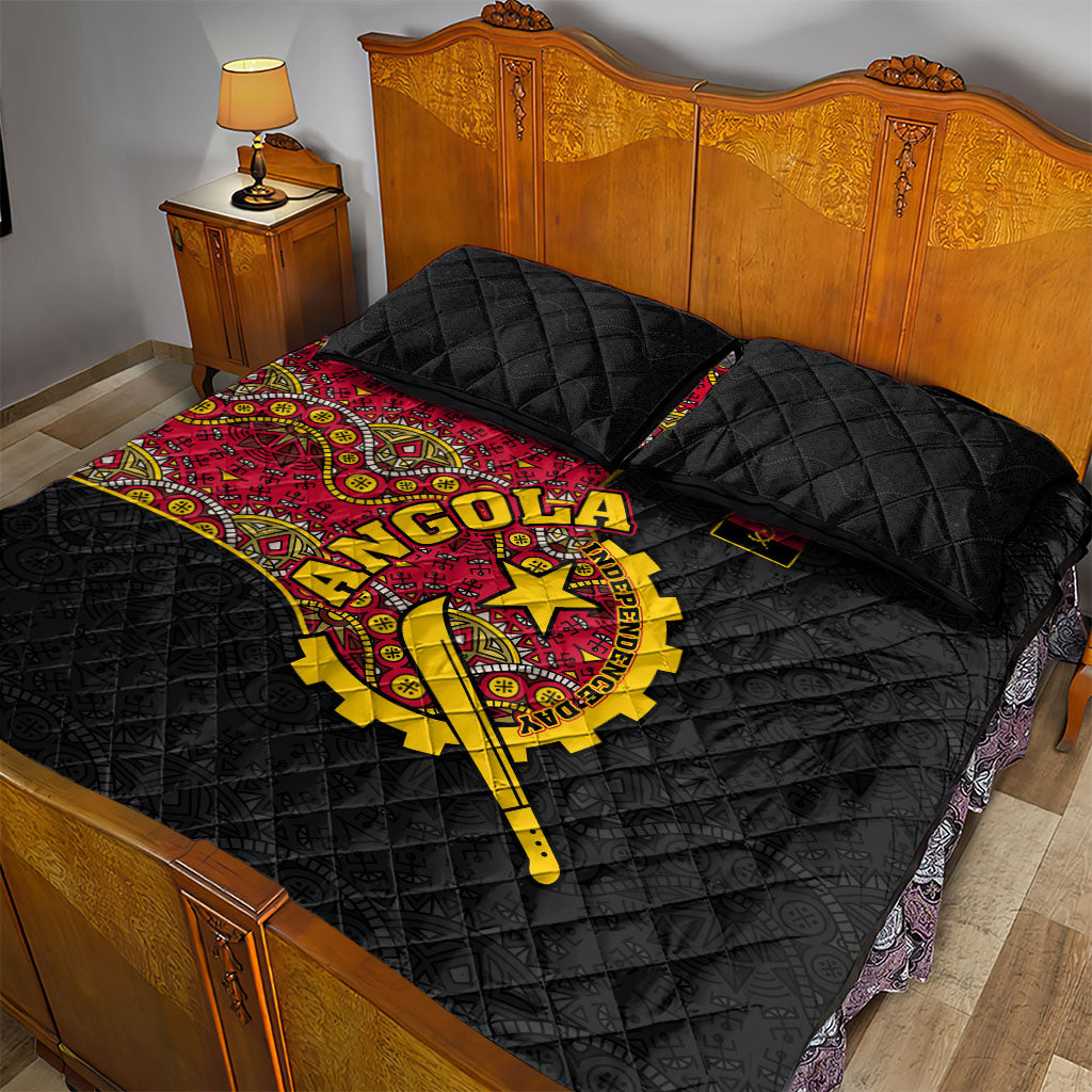 Angola Independence Day Quilt Bed Set Black Red Flag Coat Of Arms Tribal Geometric