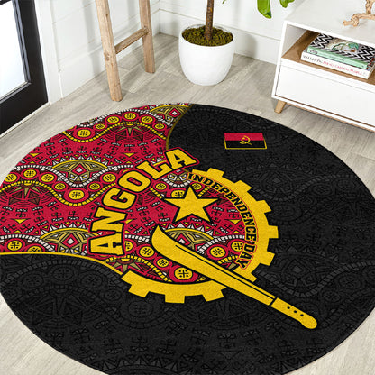 Angola Independence Day Round Carpet Black Red Flag Coat Of Arms Tribal Geometric