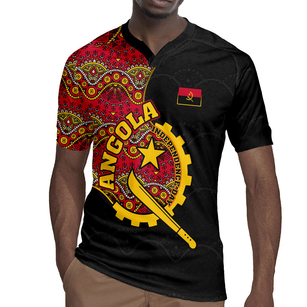 Angola Independence Day Rugby Jersey Black Red Flag Coat Of Arms Tribal Geometric