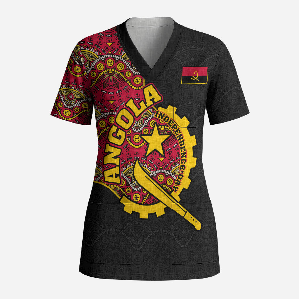 Angola Independence Day Scrub Top Black Red Flag Coat Of Arms Tribal Geometric