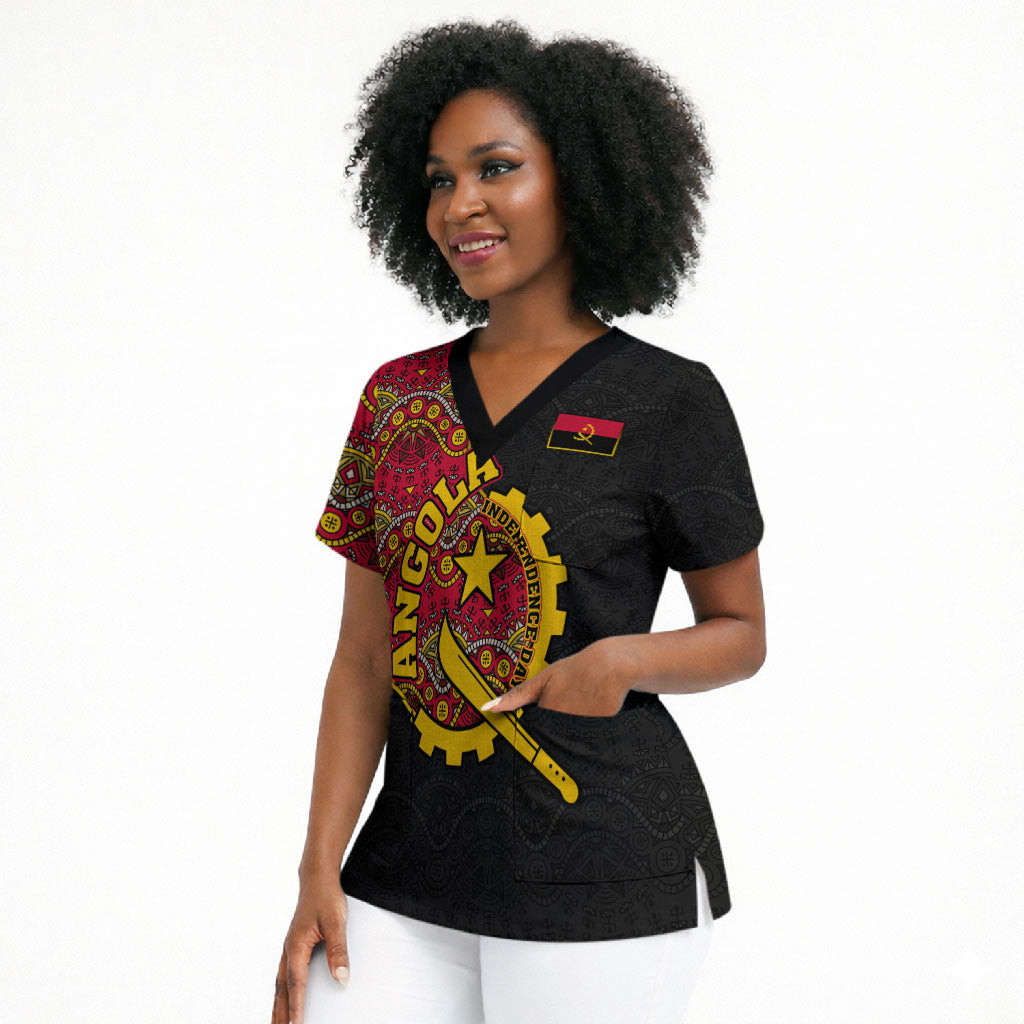 Angola Independence Day Scrub Top Black Red Flag Coat Of Arms Tribal Geometric