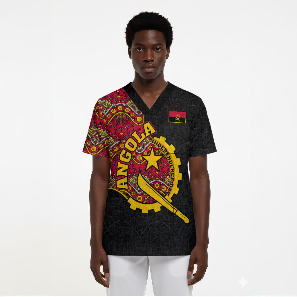 Angola Independence Day Scrub Top Black Red Flag Coat Of Arms Tribal Geometric