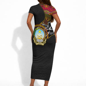 Angola Independence Day Short Sleeve Bodycon Dress Black Red Flag Coat Of Arms Tribal Geometric