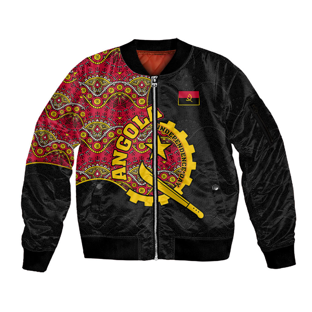 Angola Independence Day Sleeve Zip Bomber Jacket Black Red Flag Coat Of Arms Tribal Geometric