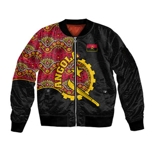 Angola Independence Day Sleeve Zip Bomber Jacket Black Red Flag Coat Of Arms Tribal Geometric
