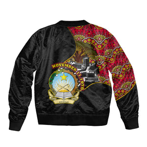 Angola Independence Day Sleeve Zip Bomber Jacket Black Red Flag Coat Of Arms Tribal Geometric