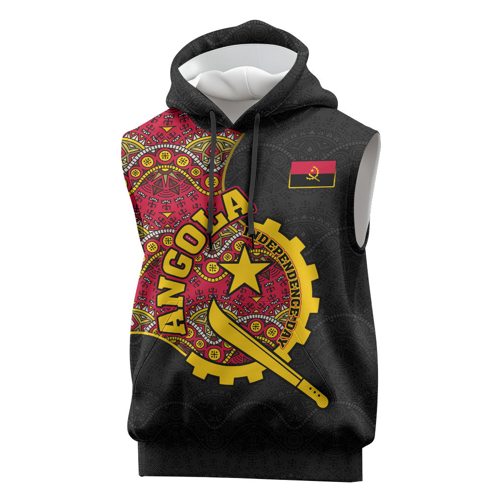Angola Independence Day Sleeveless Hoodie Black Red Flag Coat Of Arms Tribal Geometric
