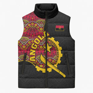 Angola Independence Day Sleeveless Puffer Jacket Black Red Flag Coat Of Arms Tribal Geometric