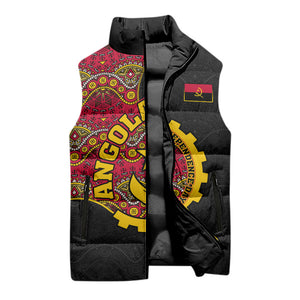 Angola Independence Day Sleeveless Puffer Jacket Black Red Flag Coat Of Arms Tribal Geometric