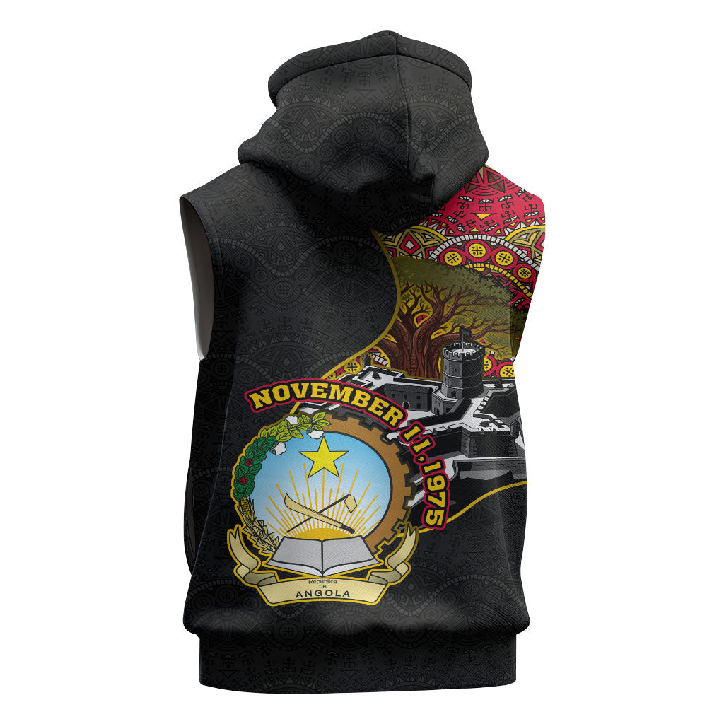 Angola Independence Day Sleeveless Zip Hoodie Black Red Flag Coat Of Arms Tribal Geometric