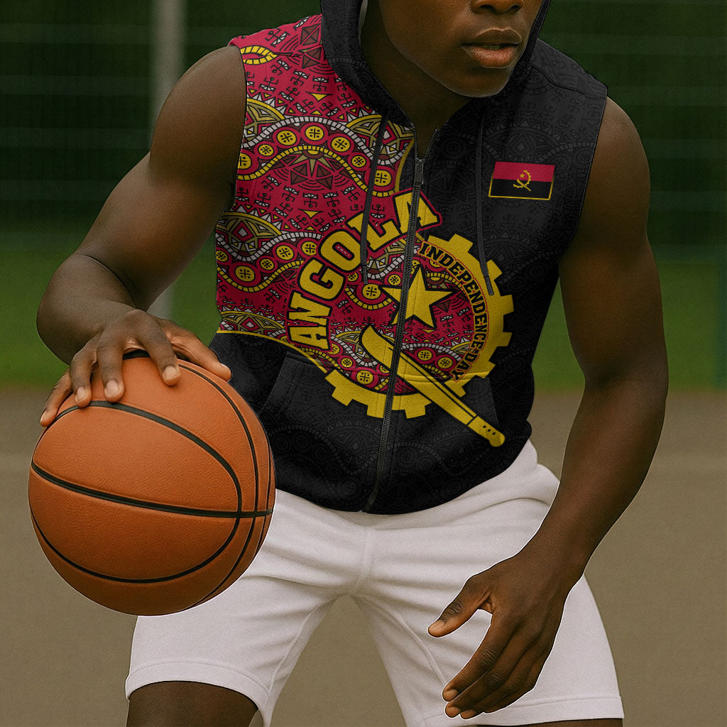 Angola Independence Day Sleeveless Zip Hoodie Black Red Flag Coat Of Arms Tribal Geometric