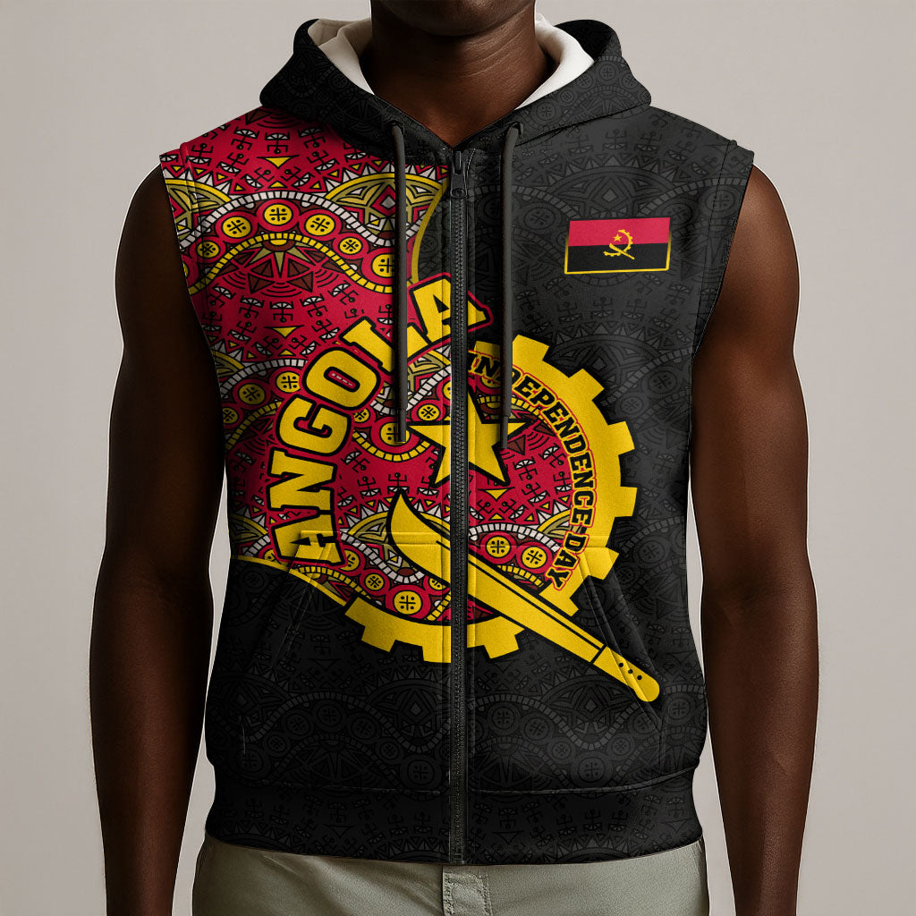 Angola Independence Day Sleeveless Zip Hoodie Black Red Flag Coat Of Arms Tribal Geometric