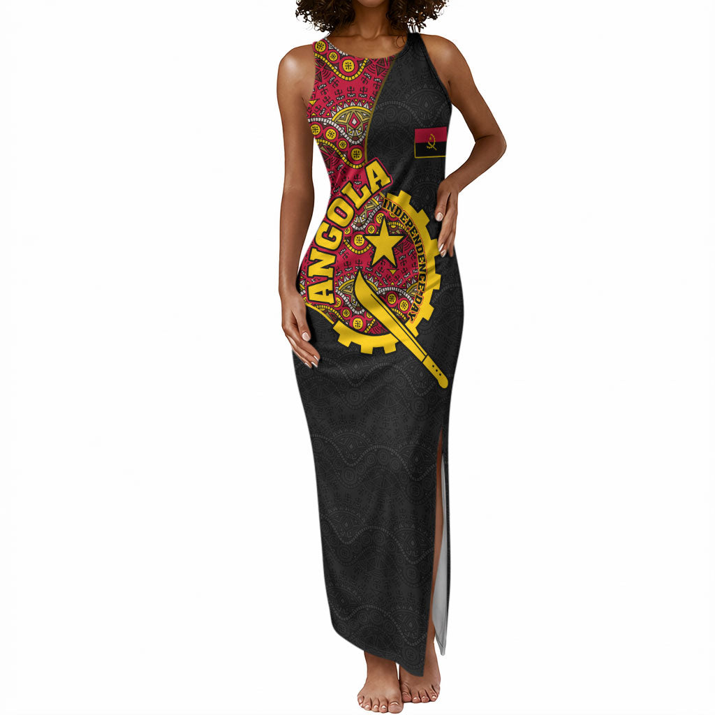 Angola Independence Day Tank Maxi Dress Black Red Flag Coat Of Arms Tribal Geometric