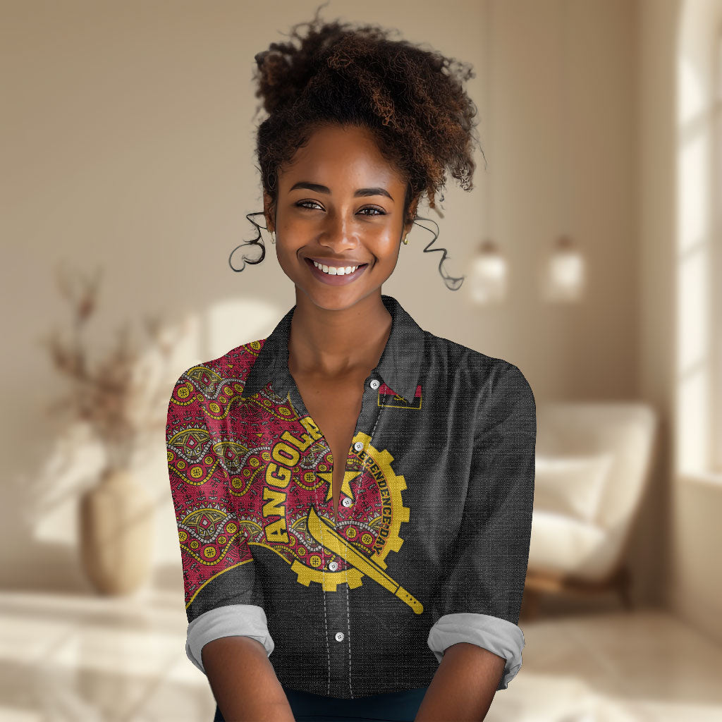 Angola Independence Day Women Casual Shirt Black Red Flag Coat Of Arms Tribal Geometric