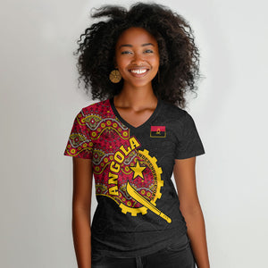 Angola Independence Day Women V-Neck T-Shirt Black Red Flag Coat Of Arms Tribal Geometric