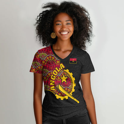 Angola Independence Day Women V-Neck T-Shirt Black Red Flag Coat Of Arms Tribal Geometric
