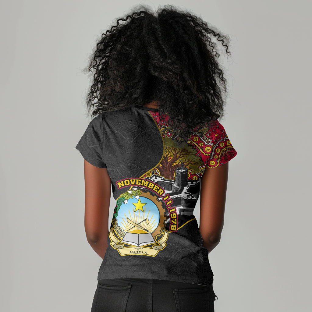 Angola Independence Day Women V-Neck T-Shirt Black Red Flag Coat Of Arms Tribal Geometric