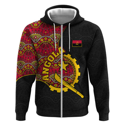 Angola Independence Day Zip Hoodie Black Red Flag Coat Of Arms Tribal Geometric