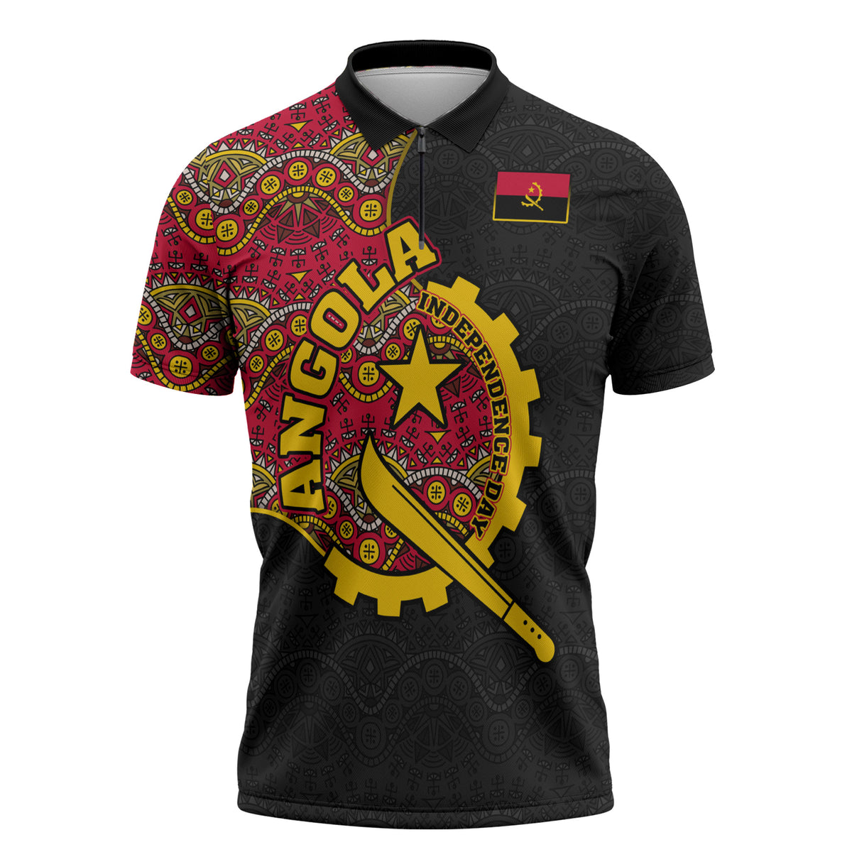 Angola Independence Day Zipper Polo Shirt Black Red Flag Coat Of Arms Tribal Geometric
