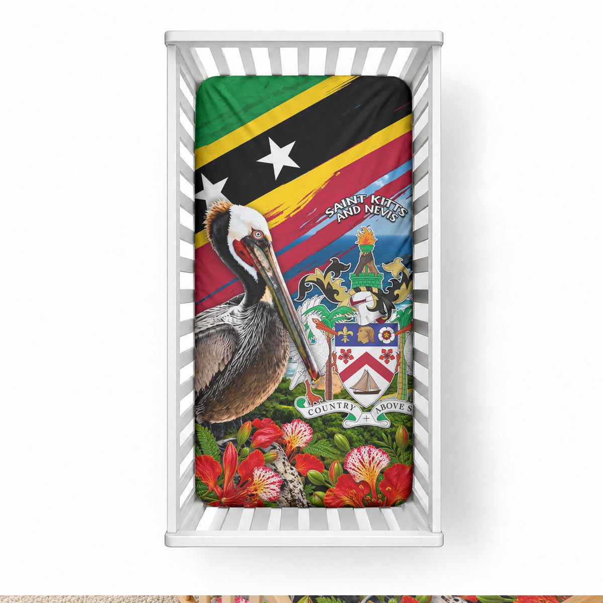 Saint Kitts And Nevis Baby Bed Cover Caribbean Pride Tropical Island Map Pelican Floral