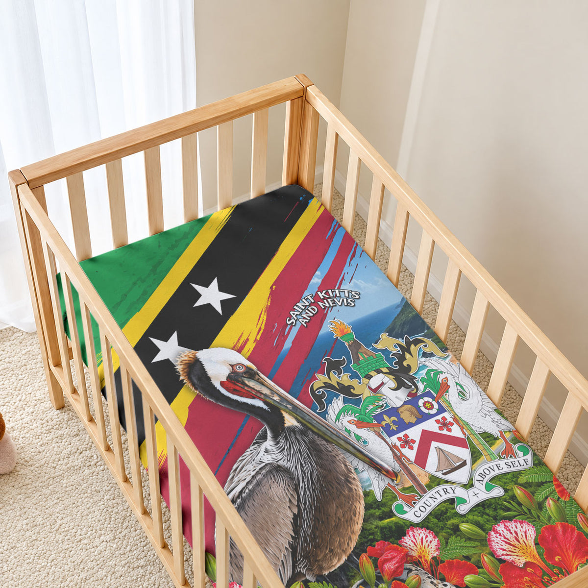 Saint Kitts And Nevis Baby Bed Cover Caribbean Pride Tropical Island Map Pelican Floral