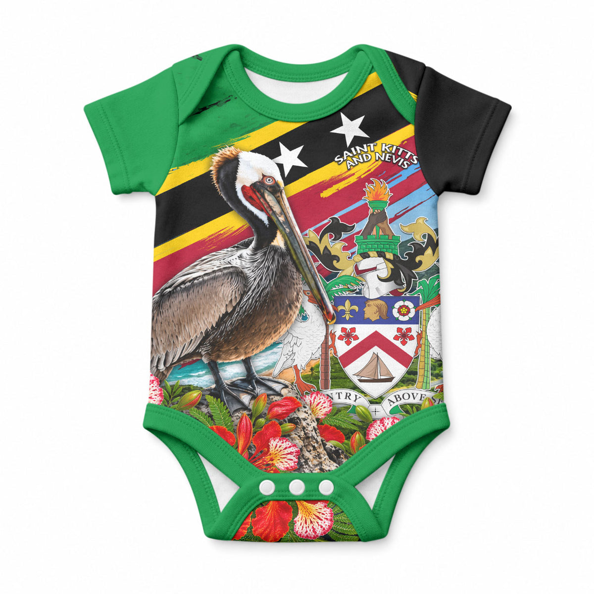 Saint Kitts And Nevis Baby Onesie Caribbean Pride Tropical Island Map Pelican Floral