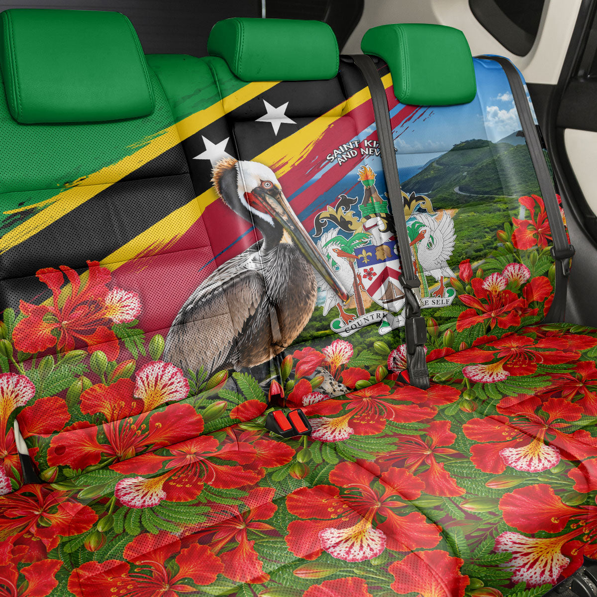 Saint Kitts And Nevis Back Car Seat Cover Caribbean Pride Tropical Island Map Pelican Floral