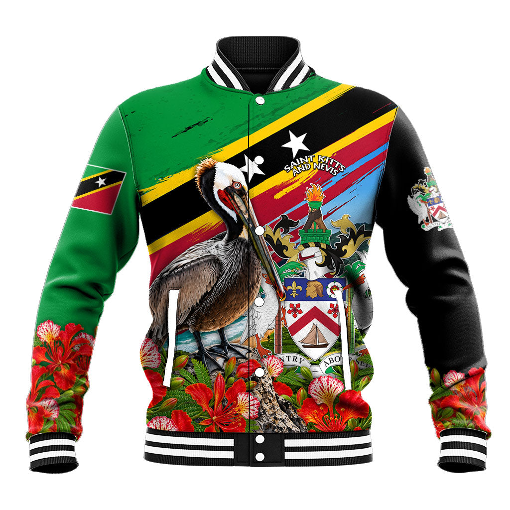 Saint Kitts And Nevis Baseball Jacket Caribbean Pride Tropical Island Map Pelican Floral