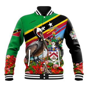 Saint Kitts And Nevis Baseball Jacket Caribbean Pride Tropical Island Map Pelican Floral