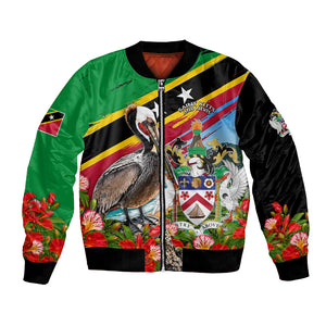 Saint Kitts And Nevis Bomber Jacket Caribbean Pride Tropical Island Map Pelican Floral