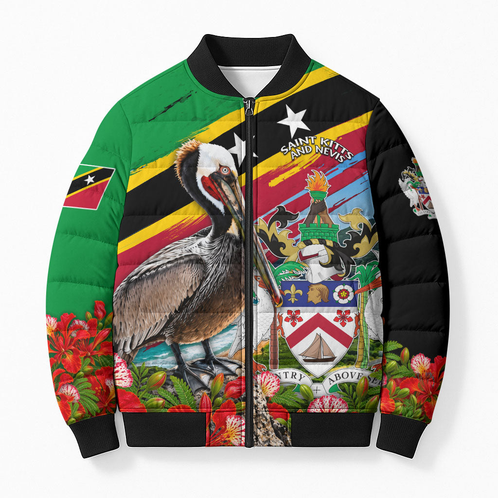 Saint Kitts And Nevis Bomber Puffer Jacket Caribbean Pride Tropical Island Map Pelican Floral