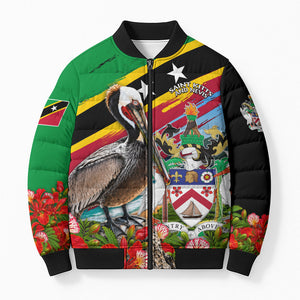 Saint Kitts And Nevis Bomber Puffer Jacket Caribbean Pride Tropical Island Map Pelican Floral