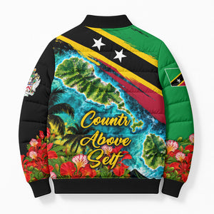 Saint Kitts And Nevis Bomber Puffer Jacket Caribbean Pride Tropical Island Map Pelican Floral