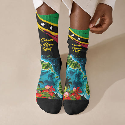 Saint Kitts And Nevis Crew Socks Caribbean Pride Tropical Island Map Pelican Floral