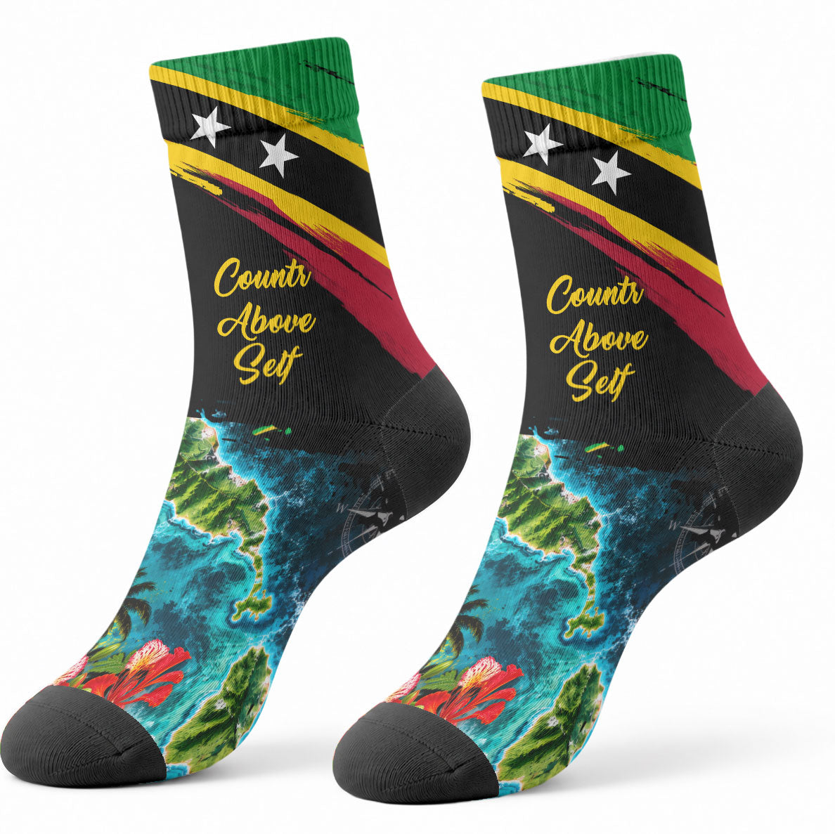 Saint Kitts And Nevis Crew Socks Caribbean Pride Tropical Island Map Pelican Floral