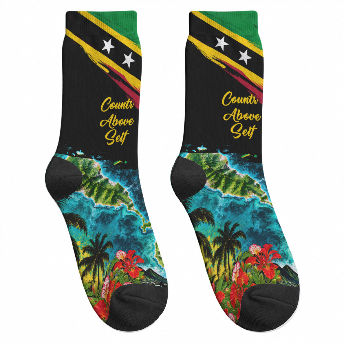 Saint Kitts And Nevis Crew Socks Caribbean Pride Tropical Island Map Pelican Floral
