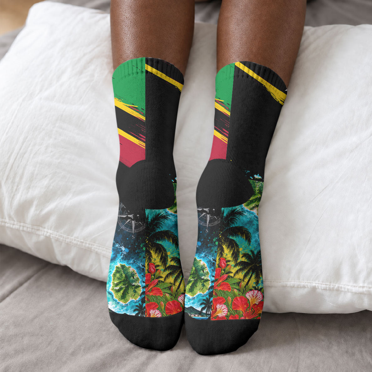 Saint Kitts And Nevis Crew Socks Caribbean Pride Tropical Island Map Pelican Floral