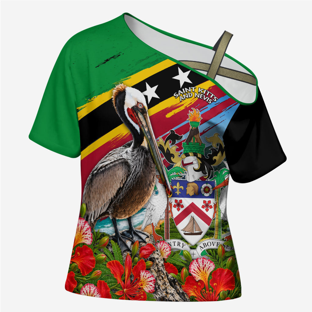 Saint Kitts And Nevis Cross Shoulder Shirt Caribbean Pride Tropical Island Map Pelican Floral