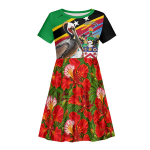 Saint Kitts And Nevis Kid Short Sleeve Dress Caribbean Pride Tropical Island Map Pelican Floral