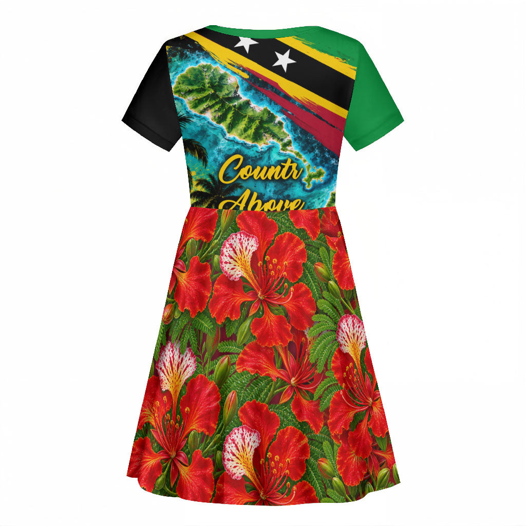 Saint Kitts And Nevis Kid Short Sleeve Dress Caribbean Pride Tropical Island Map Pelican Floral