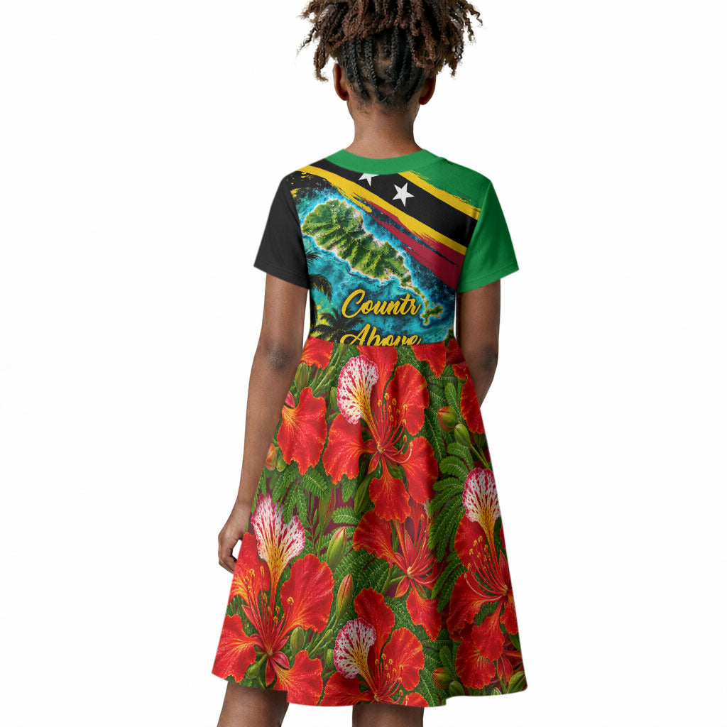 Saint Kitts And Nevis Kid Short Sleeve Dress Caribbean Pride Tropical Island Map Pelican Floral