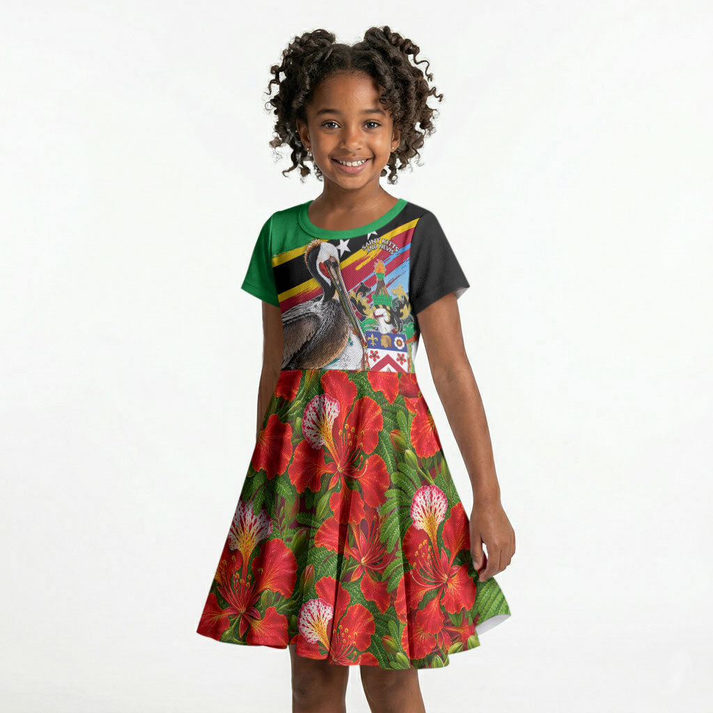 Saint Kitts And Nevis Kid Short Sleeve Dress Caribbean Pride Tropical Island Map Pelican Floral