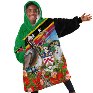 Saint Kitts And Nevis Kid Wearable Blanket Hoodie Caribbean Pride Tropical Island Map Pelican Floral
