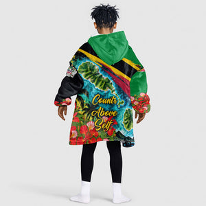 Saint Kitts And Nevis Kid Wearable Blanket Hoodie Caribbean Pride Tropical Island Map Pelican Floral