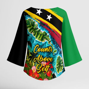 Saint Kitts And Nevis Kimono Sleeve Blouse Caribbean Pride Tropical Island Map Pelican Floral
