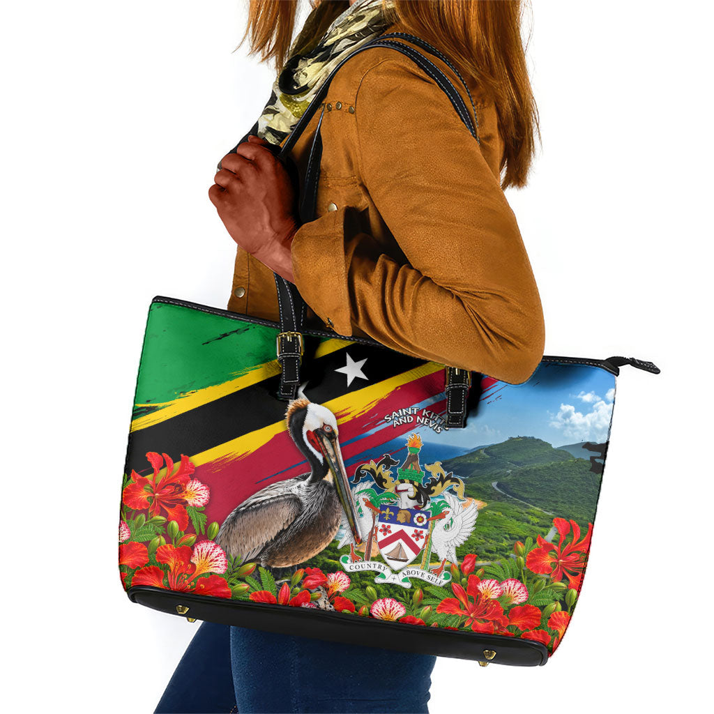 Saint Kitts And Nevis Leather Tote Bag Caribbean Pride Tropical Island Map Pelican Floral