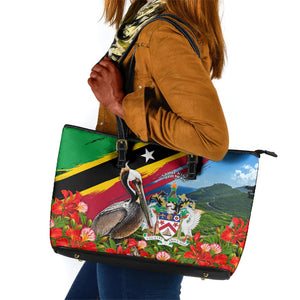 Saint Kitts And Nevis Leather Tote Bag Caribbean Pride Tropical Island Map Pelican Floral