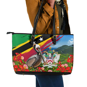 Saint Kitts And Nevis Leather Tote Bag Caribbean Pride Tropical Island Map Pelican Floral