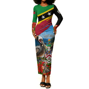 Saint Kitts And Nevis Long Sleeve Bodycon Dress Caribbean Pride Tropical Island Map Pelican Floral